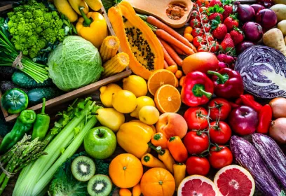 bunte Auslage von unterschiedlichem Obst und Gemüse