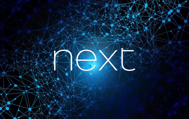 Abstraktes Netzwerk in blau mit Schriftzug "next" in der Mitte